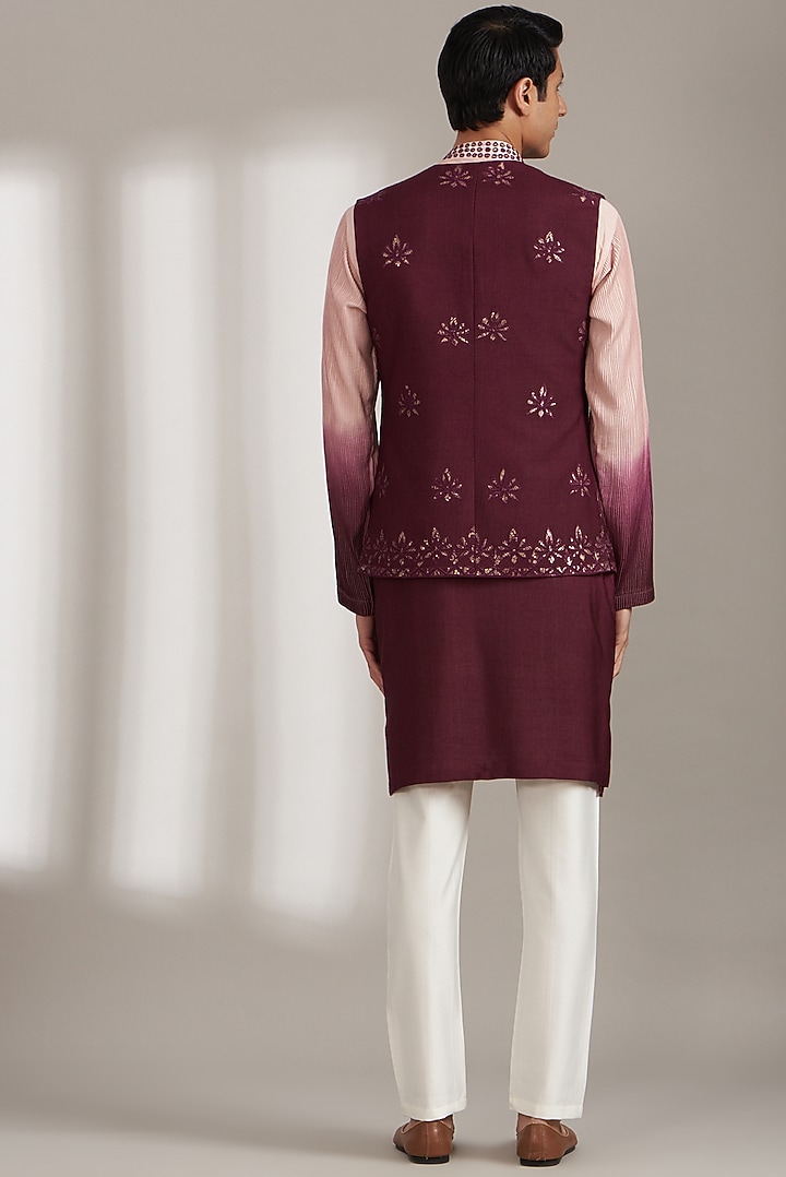 Wine Handloom Silk Embellished Bundi Jacket Set by Soniya G Men at Pernia's Pop Up Shop