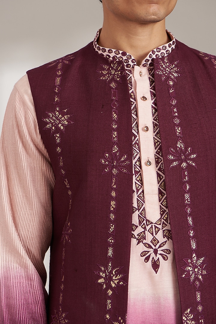 Wine Handloom Silk Embellished Bundi Jacket Set by Soniya G Men at Pernia's Pop Up Shop