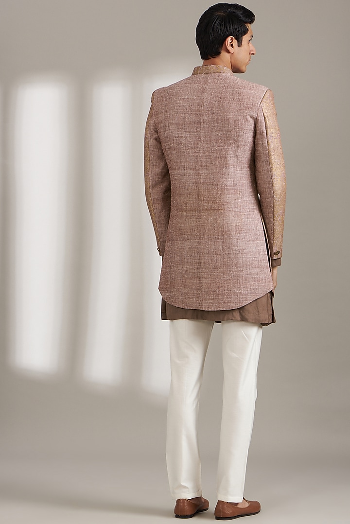 Pale Pink Handloom Silk Wedding Indowestern Set by Soniya G Men at Pernia's Pop Up Shop