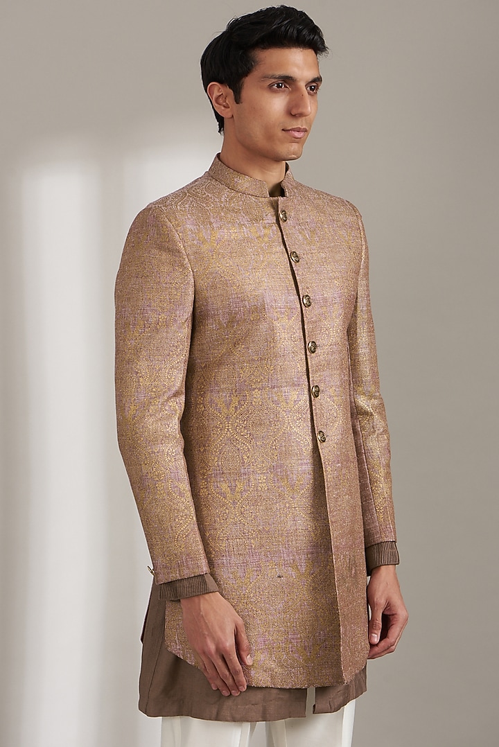 Pale Pink Handloom Silk Wedding Indowestern Set by Soniya G Men at Pernia's Pop Up Shop