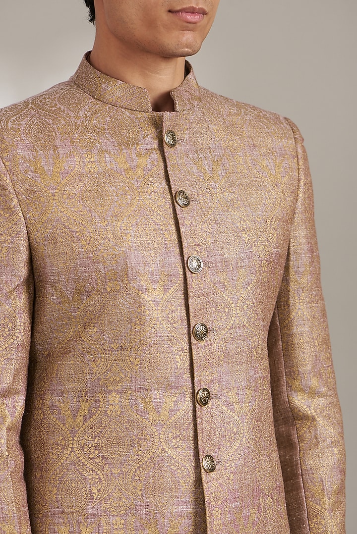 Pale Pink Handloom Silk Wedding Indowestern Set by Soniya G Men at Pernia's Pop Up Shop