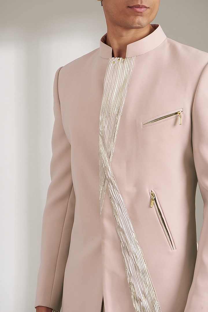 Blush Pink Satin Embroidered Bandhgala Set by Soniya G Men at Pernia's Pop Up Shop