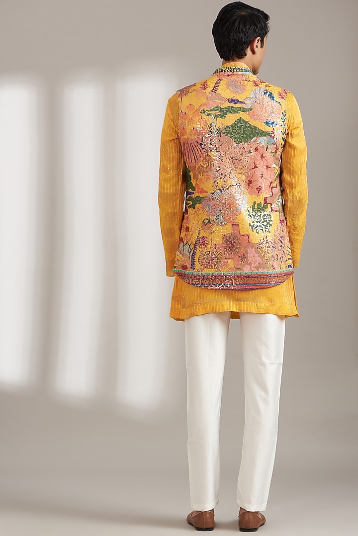 Yellow Georgette Printed Bundi Jacket Set by Soniya G Men at Pernia's Pop Up Shop