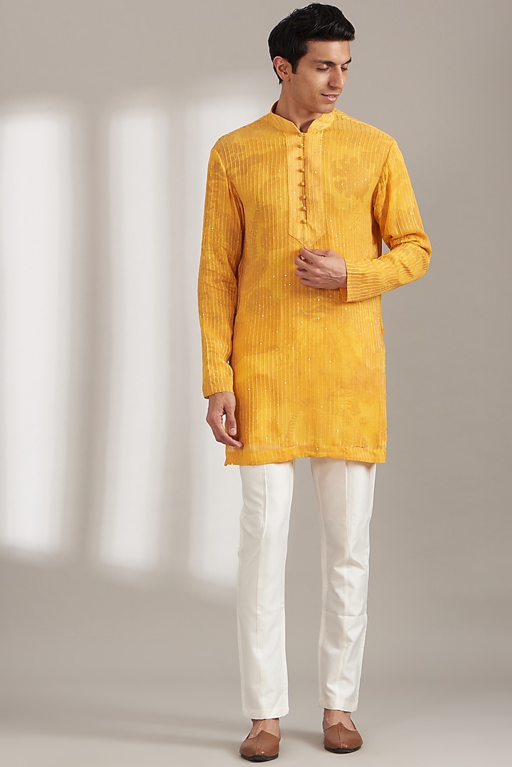 Yellow Georgette Printed Bundi Jacket Set by Soniya G Men at Pernia's Pop Up Shop
