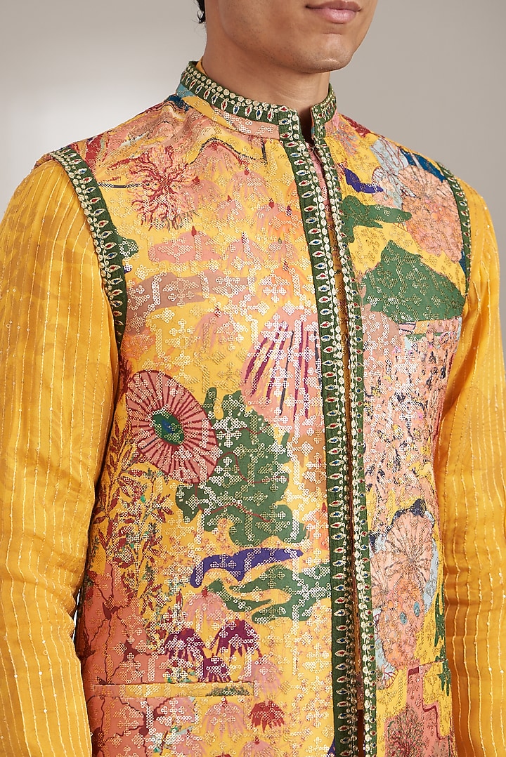 Yellow Georgette Printed Bundi Jacket Set by Soniya G Men at Pernia's Pop Up Shop