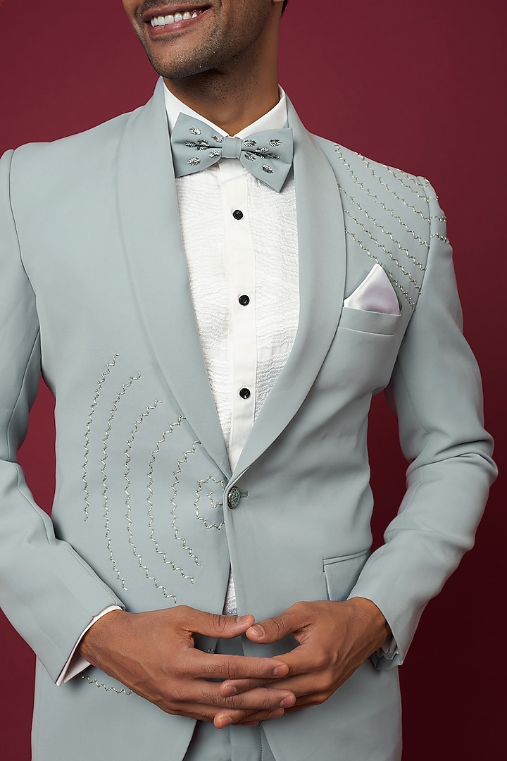 Sky Blue Italian Crepe Embellished Tuxedo Set by Soniya G Men at Pernia's Pop Up Shop
