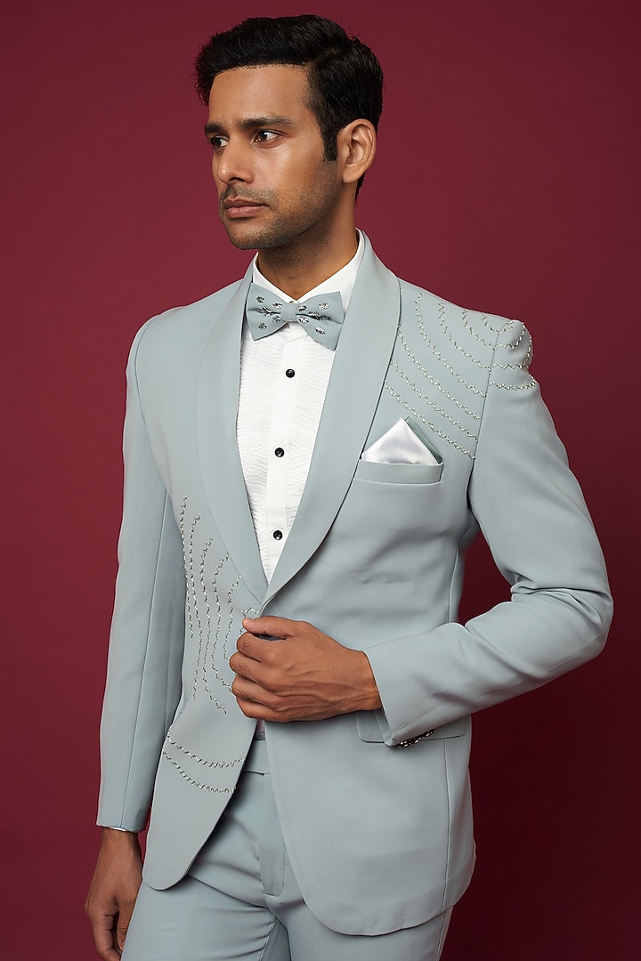 Sky Blue Italian Crepe Embellished Tuxedo Set by Soniya G Men at Pernia's Pop Up Shop