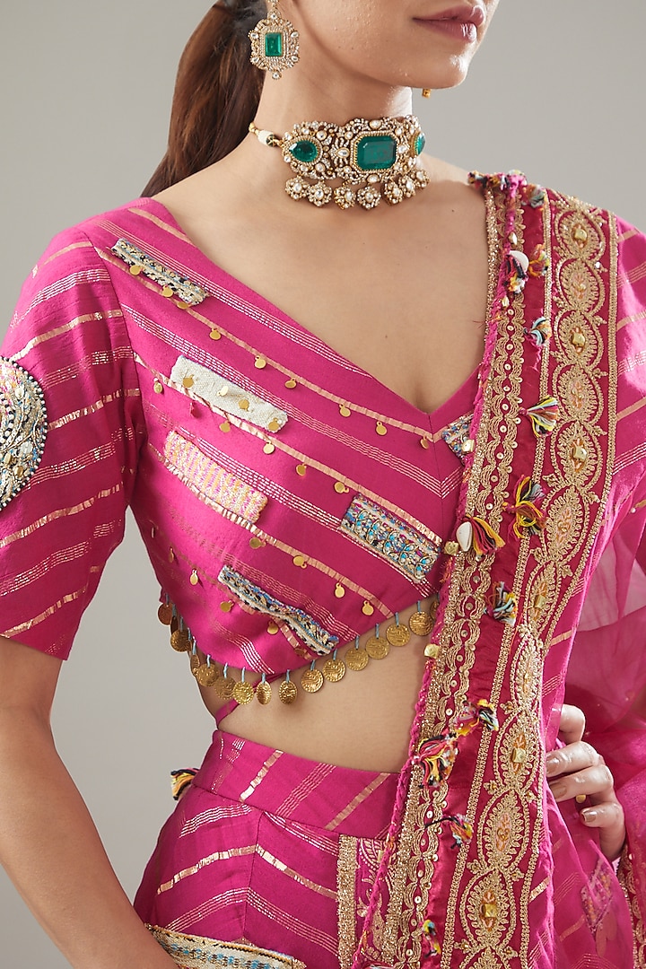 Fuchsia Pink Handmade Cotton Embroidered Wedding Lehenga Set by Soniya G at Pernia's Pop Up Shop