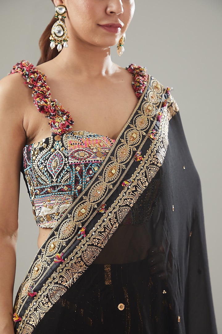Black Handmade Cotton Striped Wedding Lehenga Set by Soniya G at Pernia's Pop Up Shop
