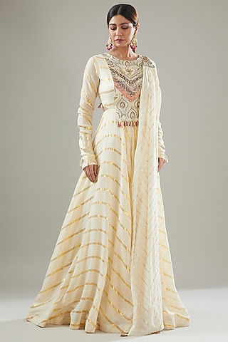 Ivory Handmade Cotton Embroidered Anarkali by Soniya G