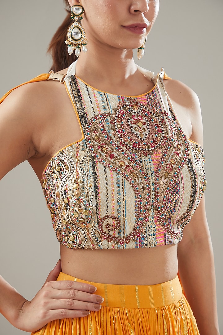 Yellow Handmade Cotton Striped Wedding Lehenga Set by Soniya G at Pernia's Pop Up Shop