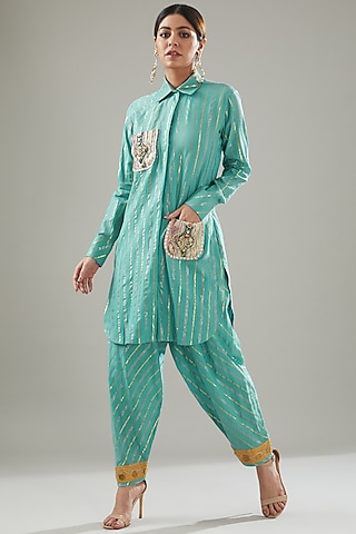 Duck Egg Blue Handmade Cotton Kurta Set by Soniya G