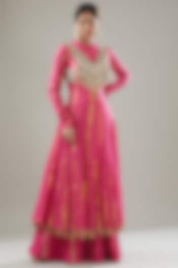 Fuschia Pink Handmade Cotton Embroidered Anarkali by Soniya G at Pernia's Pop Up Shop