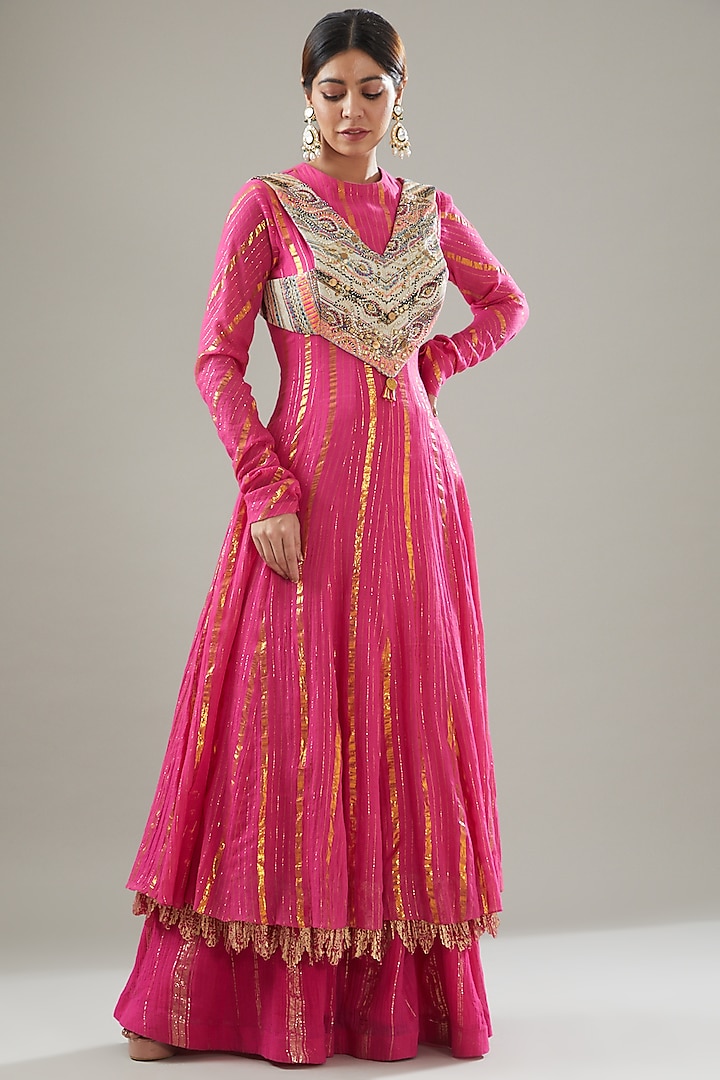 Fuschia Pink Handmade Cotton Embroidered Anarkali by Soniya G