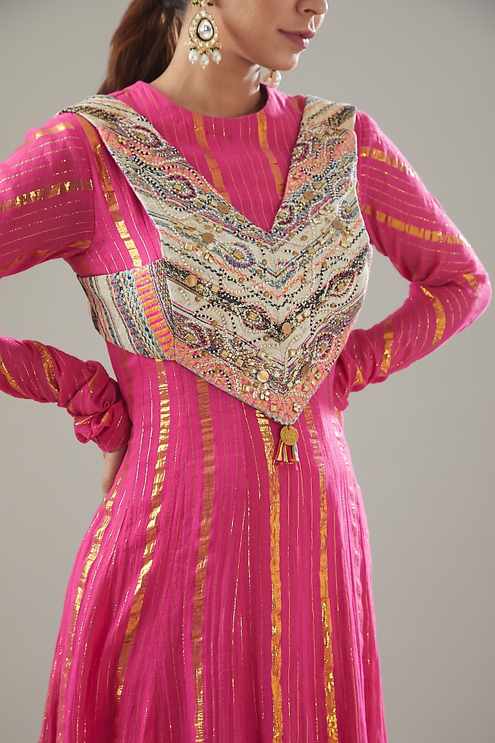 Fuschia Pink Handmade Cotton Embroidered Wedding Anarkali by Soniya G at Pernia's Pop Up Shop