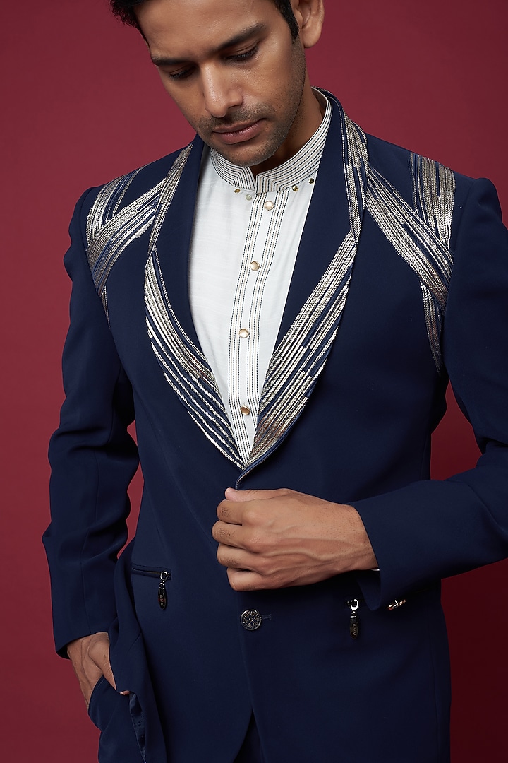 Blue Italian Crepe & Foil Pleated Tuxedo Set by Soniya G Men at Pernia's Pop Up Shop