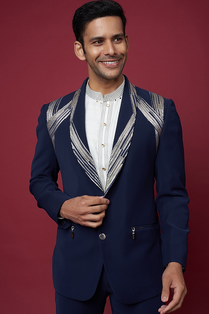 Blue Italian Crepe & Foil Pleated Tuxedo Set by Soniya G Men at Pernia's Pop Up Shop