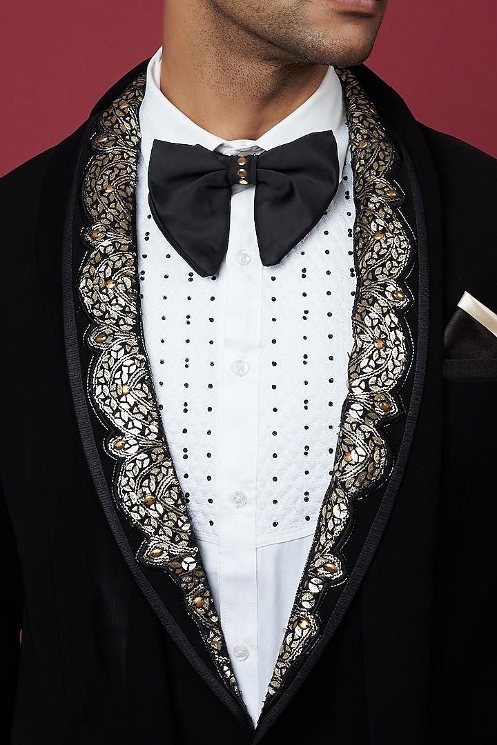 Zed Black Italian Crepe Embellished Tuxedo Set by Soniya G Men at Pernia's Pop Up Shop