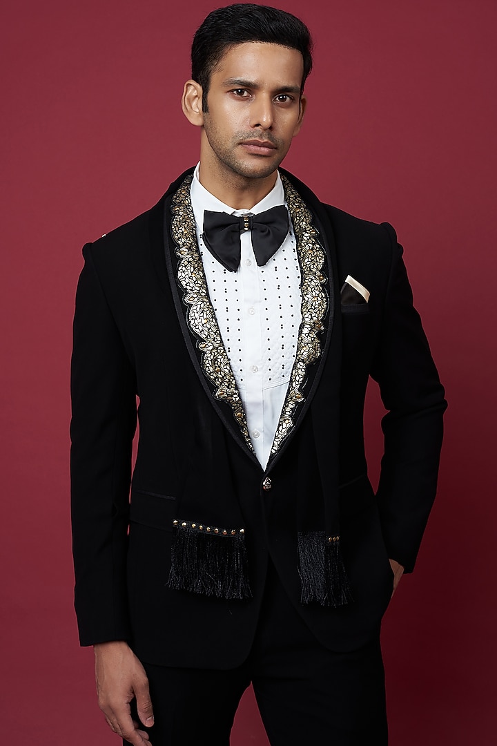 Zed Black Italian Crepe Embellished Tuxedo Set by Soniya G Men at Pernia's Pop Up Shop