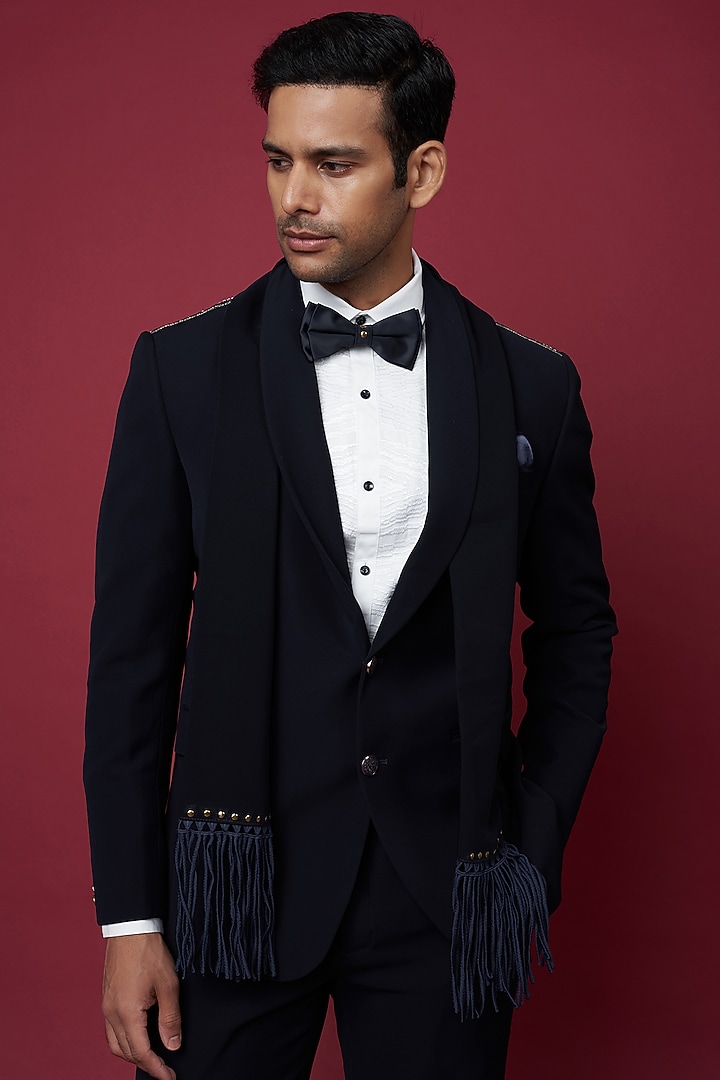 Midnight Blue Italian Crepe Tuxedo Set by Soniya G Men at Pernia's Pop Up Shop