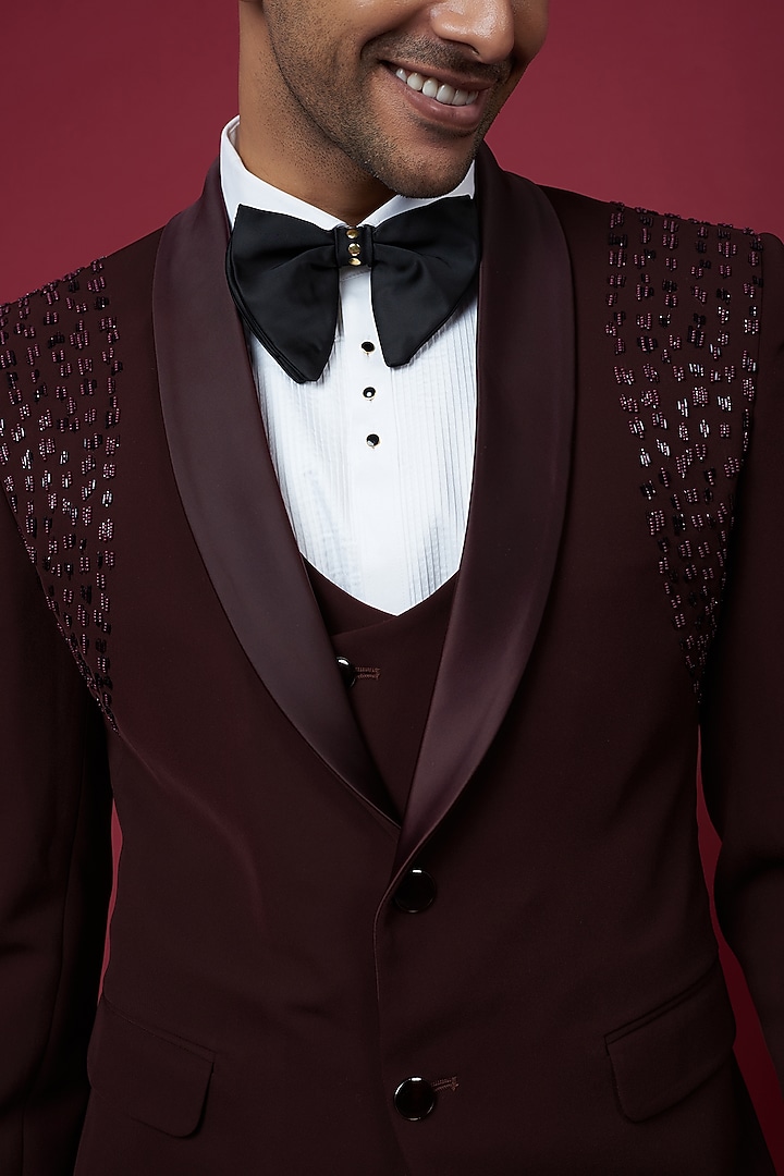 Wine Italian Crepe Embellished Tuxedo Set by Soniya G Men at Pernia's Pop Up Shop