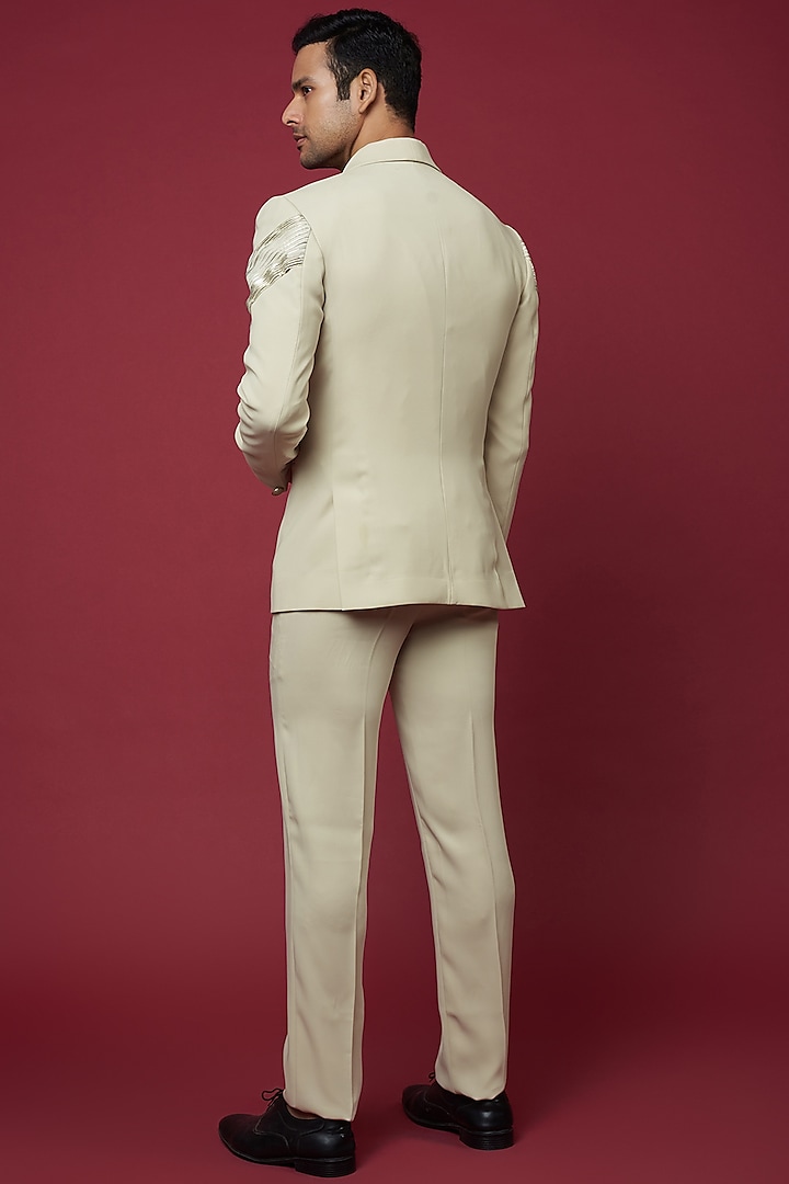 Cream Italian Crepe & Foil Pleated Tuxedo Set by Soniya G Men at Pernia's Pop Up Shop