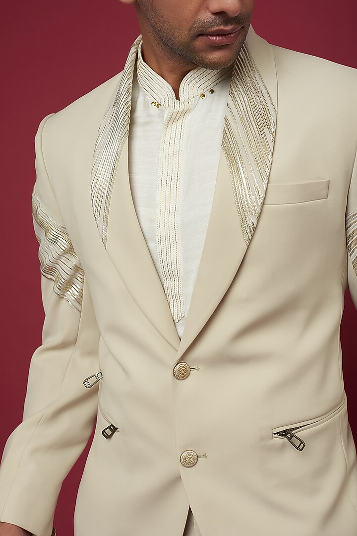 Cream Italian Crepe & Foil Pleated Tuxedo Set by Soniya G Men at Pernia's Pop Up Shop
