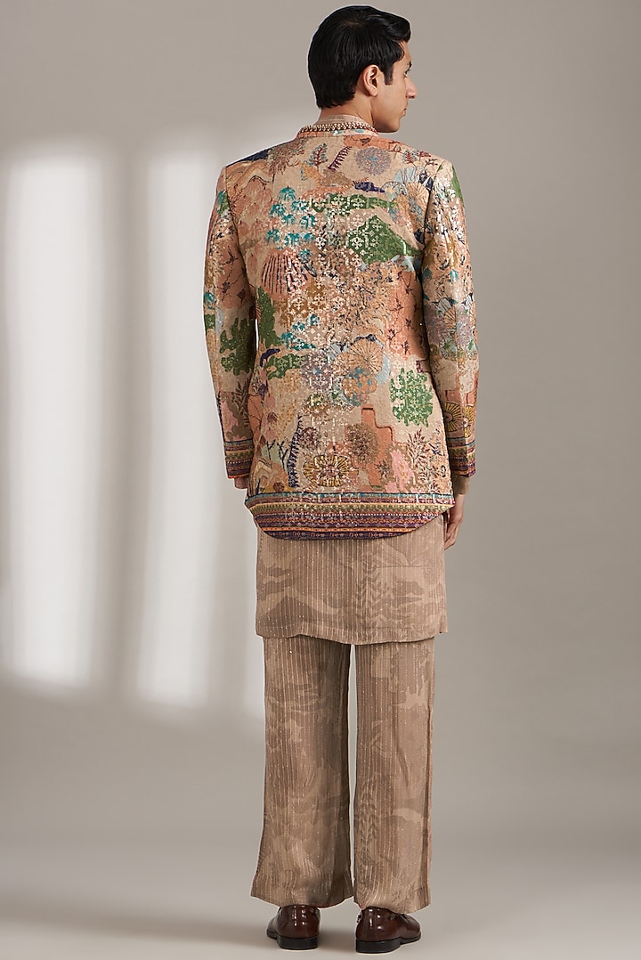 Multi-Colored Handloom Silk Printed Wedding Indowestern Set by Soniya G Men at Pernia's Pop Up Shop