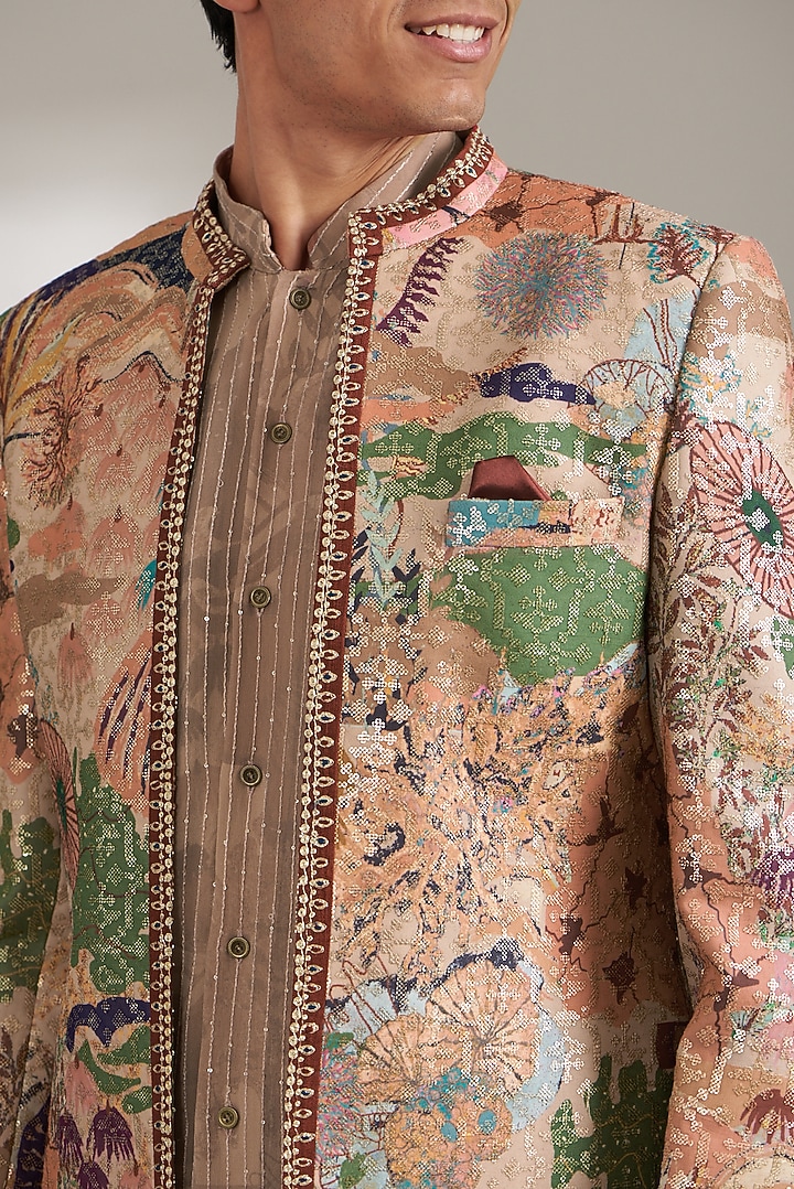Multi-Colored Handloom Silk Printed Wedding Indowestern Set by Soniya G Men at Pernia's Pop Up Shop