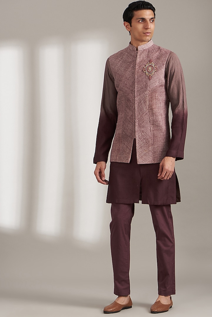 Onion Pink Handloom Silk Bundi Jacket Set by Soniya G Men
