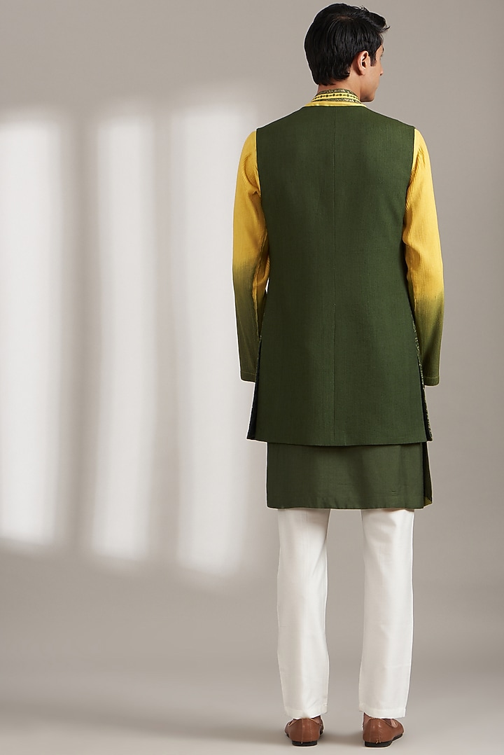Olive Green Handloom Silk Bundi Jacket Set by Soniya G Men at Pernia's Pop Up Shop
