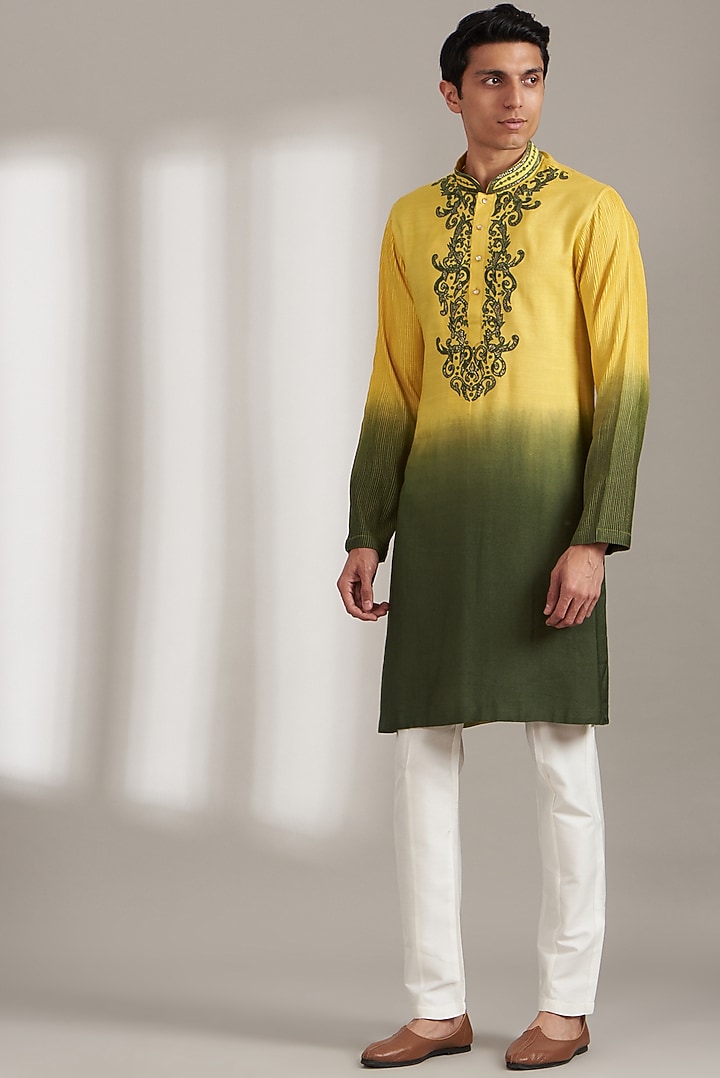 Olive Green Handloom Silk Bundi Jacket Set by Soniya G Men at Pernia's Pop Up Shop