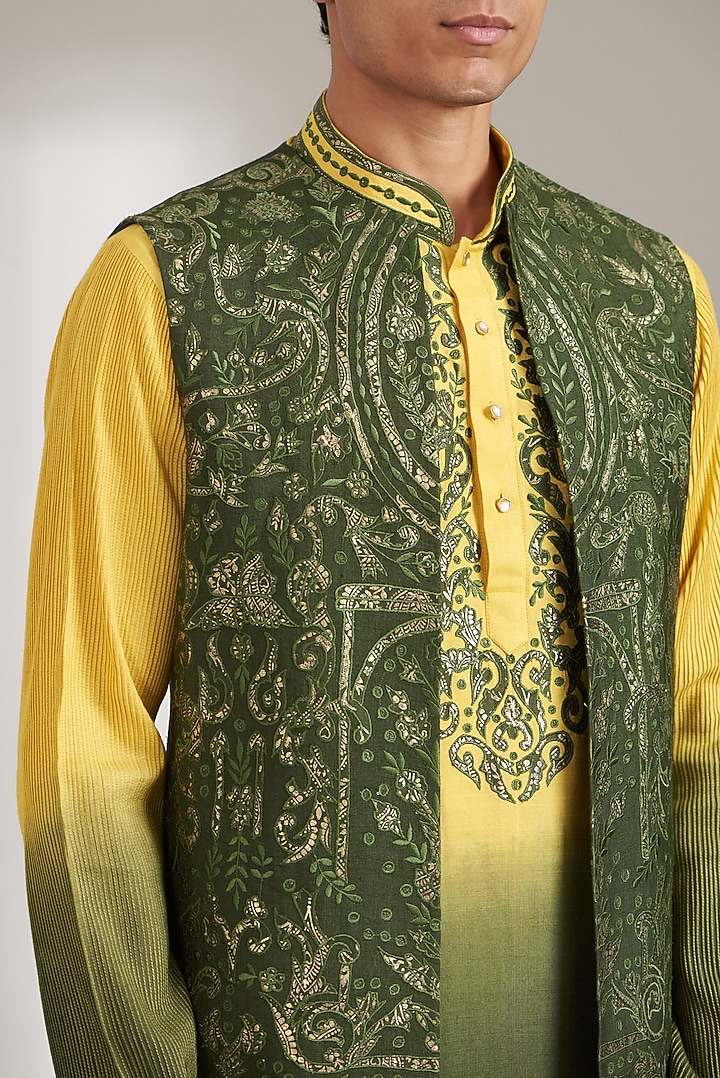 Olive Green Handloom Silk Bundi Jacket Set by Soniya G Men at Pernia's Pop Up Shop