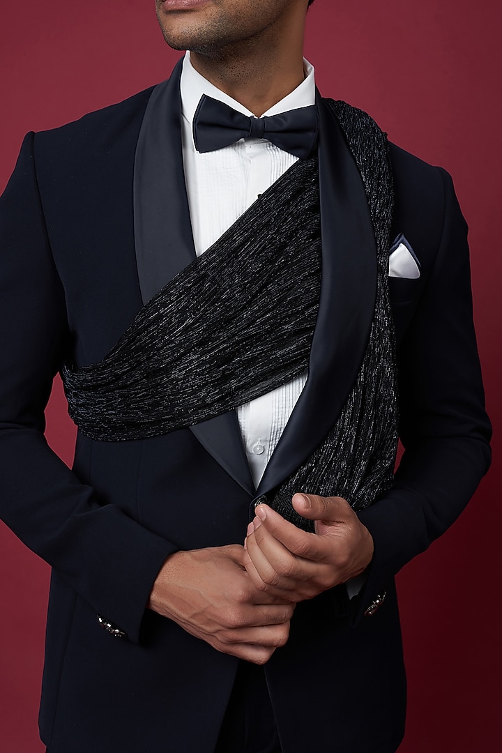 Midnight Blue Italian Crepe Tuxedo Set by Soniya G Men at Pernia's Pop Up Shop