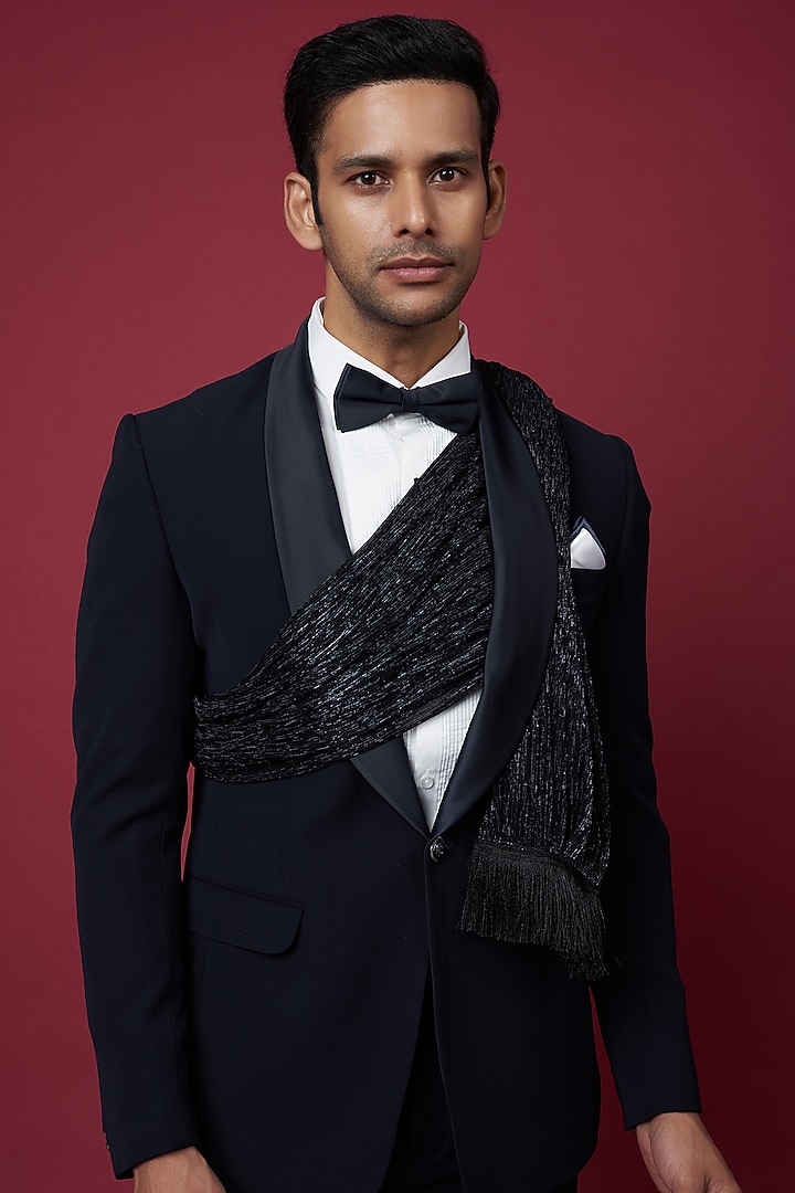 Midnight Blue Italian Crepe Tuxedo Set by Soniya G Men at Pernia's Pop Up Shop