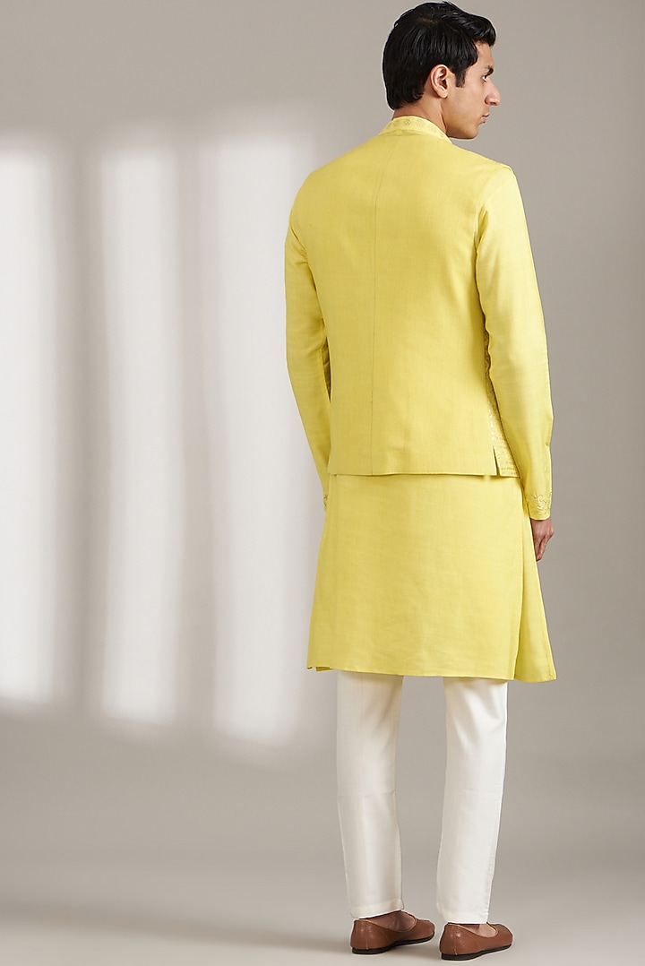 Lemon Yellow Handloom Silk Foil Printed Bundi Jacket Set by Soniya G Men at Pernia's Pop Up Shop