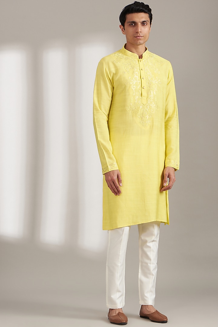 Lemon Yellow Handloom Silk Foil Printed Bundi Jacket Set by Soniya G Men at Pernia's Pop Up Shop