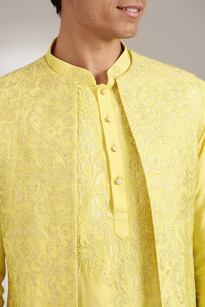 Lemon Yellow Handloom Silk Foil Printed Bundi Jacket Set by Soniya G Men at Pernia's Pop Up Shop