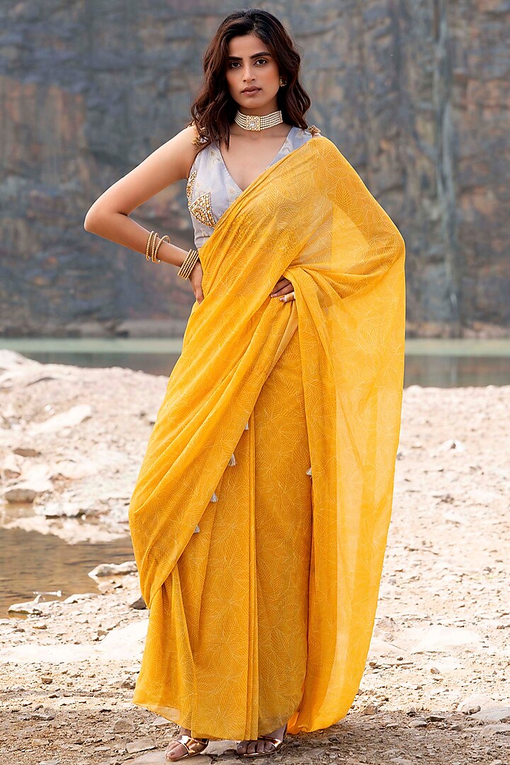 Yellow & Grey Silk Saree Set by Soniya G