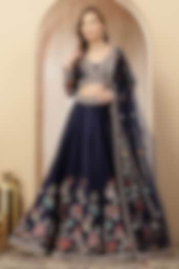 Navy Blue Blended Silk Floral Embroidered Wedding Lehenga Set by Soniya G at Pernia's Pop Up Shop