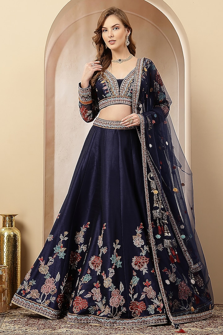 Navy Blue Blended Silk Floral Embroidered Wedding Lehenga Set by Soniya G at Pernia's Pop Up Shop