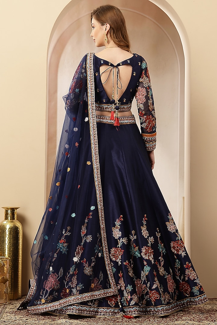 Navy Blue Blended Silk Floral Embroidered Wedding Lehenga Set by Soniya G at Pernia's Pop Up Shop