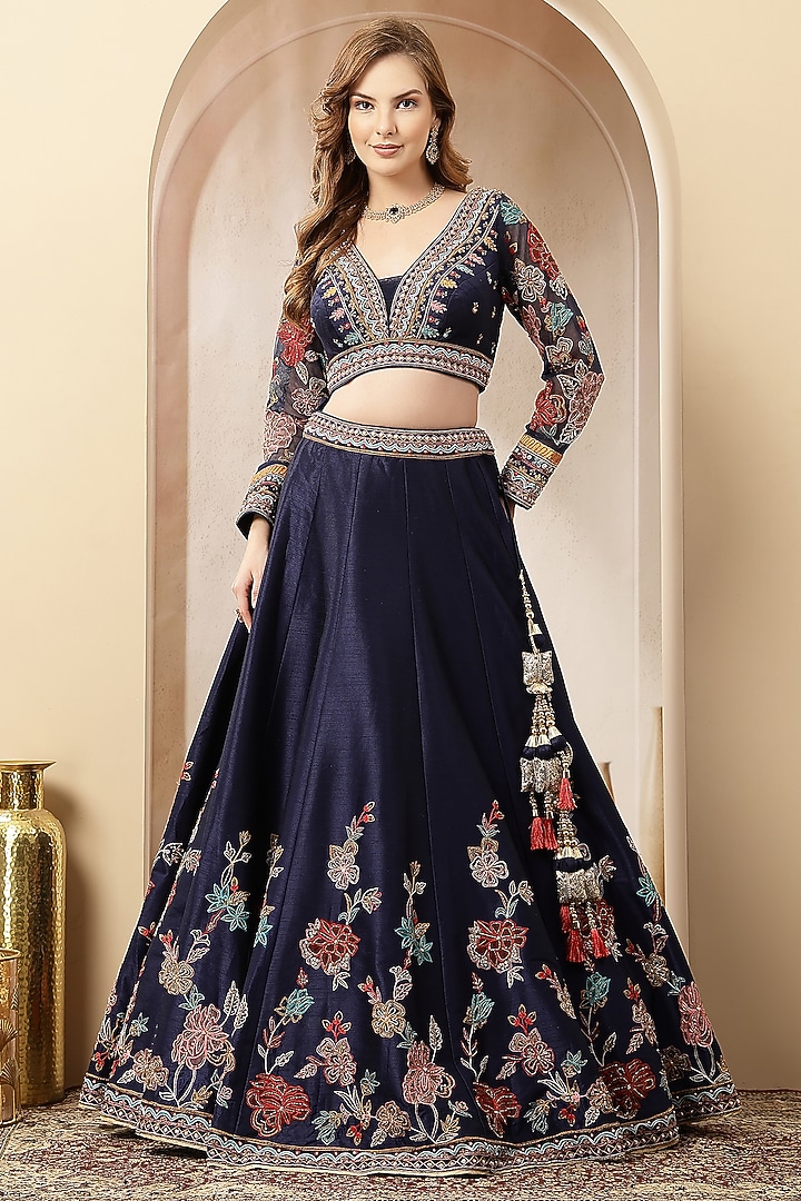 Navy Blue Blended Silk Floral Embroidered Wedding Lehenga Set by Soniya G at Pernia's Pop Up Shop