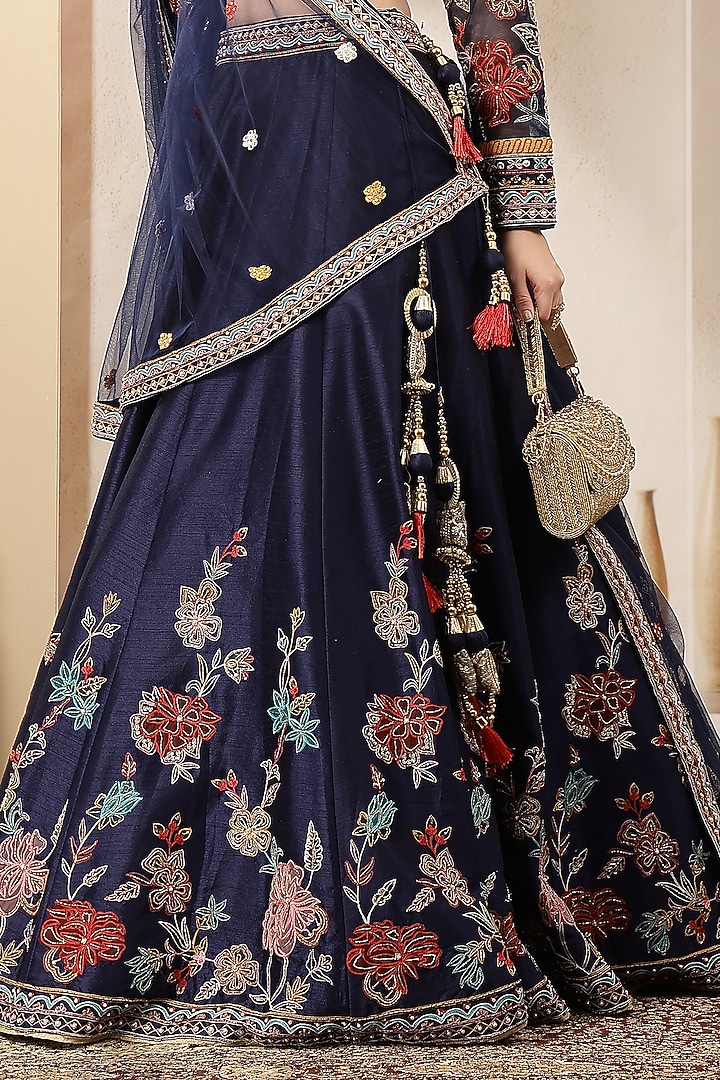 Navy Blue Blended Silk Floral Embroidered Wedding Lehenga Set by Soniya G at Pernia's Pop Up Shop