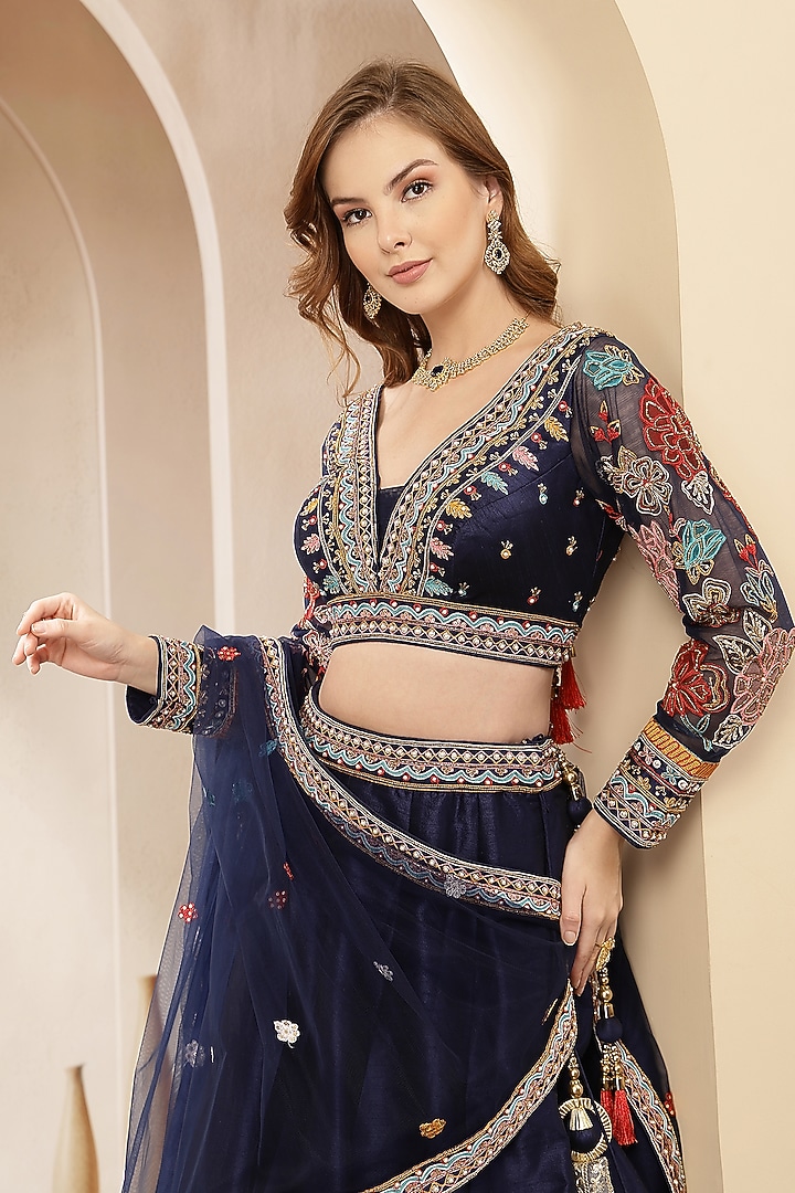 Navy Blue Blended Silk Floral Embroidered Wedding Lehenga Set by Soniya G at Pernia's Pop Up Shop