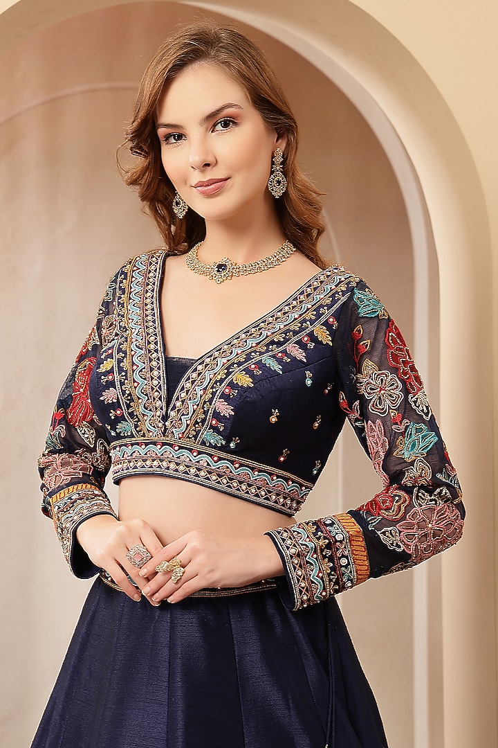 Navy Blue Blended Silk Floral Embroidered Wedding Lehenga Set by Soniya G at Pernia's Pop Up Shop