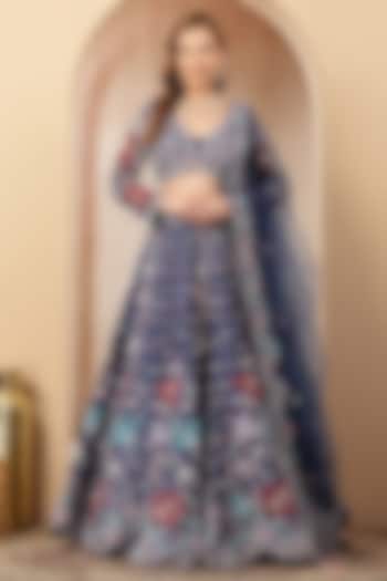Navy Blue Silk Blend Printed & Embroidered Wedding Lehenga Set by Soniya G at Pernia's Pop Up Shop