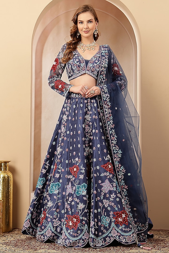 Navy Blue Silk Blend Printed & Embroidered Wedding Lehenga Set by Soniya G at Pernia's Pop Up Shop