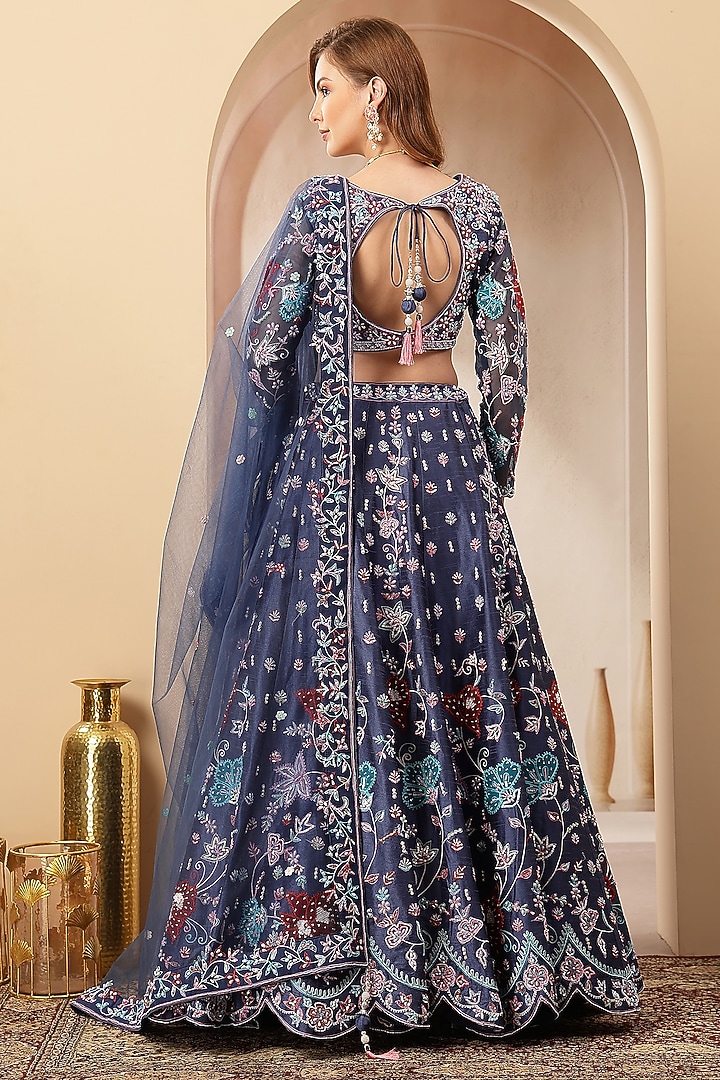 Navy Blue Silk Blend Printed & Embroidered Wedding Lehenga Set by Soniya G at Pernia's Pop Up Shop