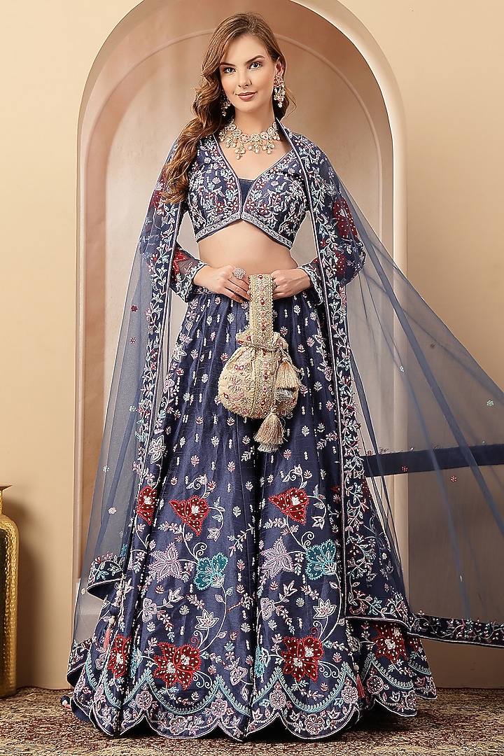 Navy Blue Silk Blend Printed & Embroidered Wedding Lehenga Set by Soniya G at Pernia's Pop Up Shop